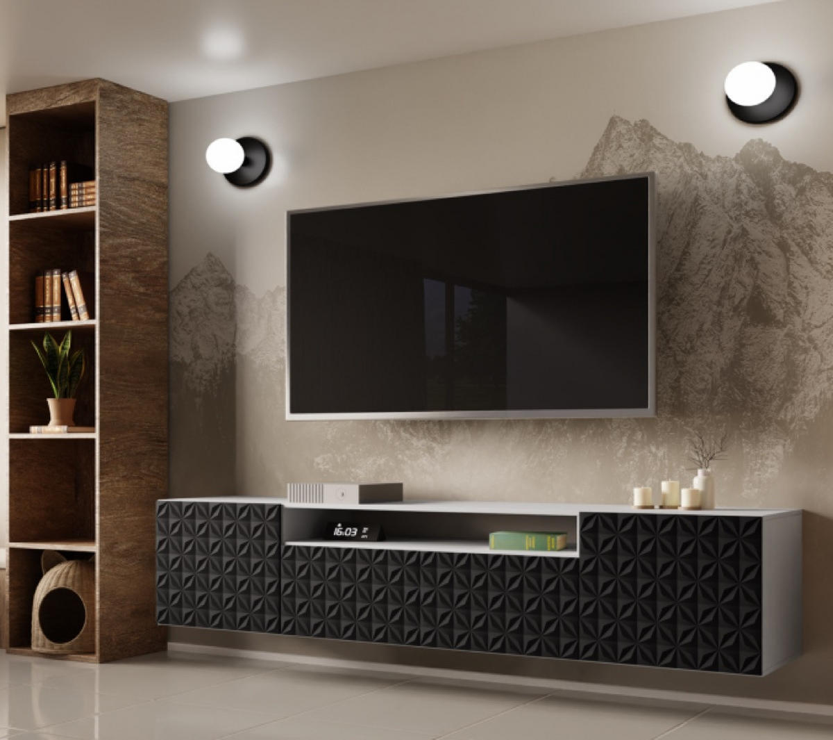 TV-SCHRANK Schwarz ALI Hängend Mit Dekorativen Fronten 200 cm - Schwarz/Weiß, Holzwerkstoff (200/40/41cm) - Sepro Meble