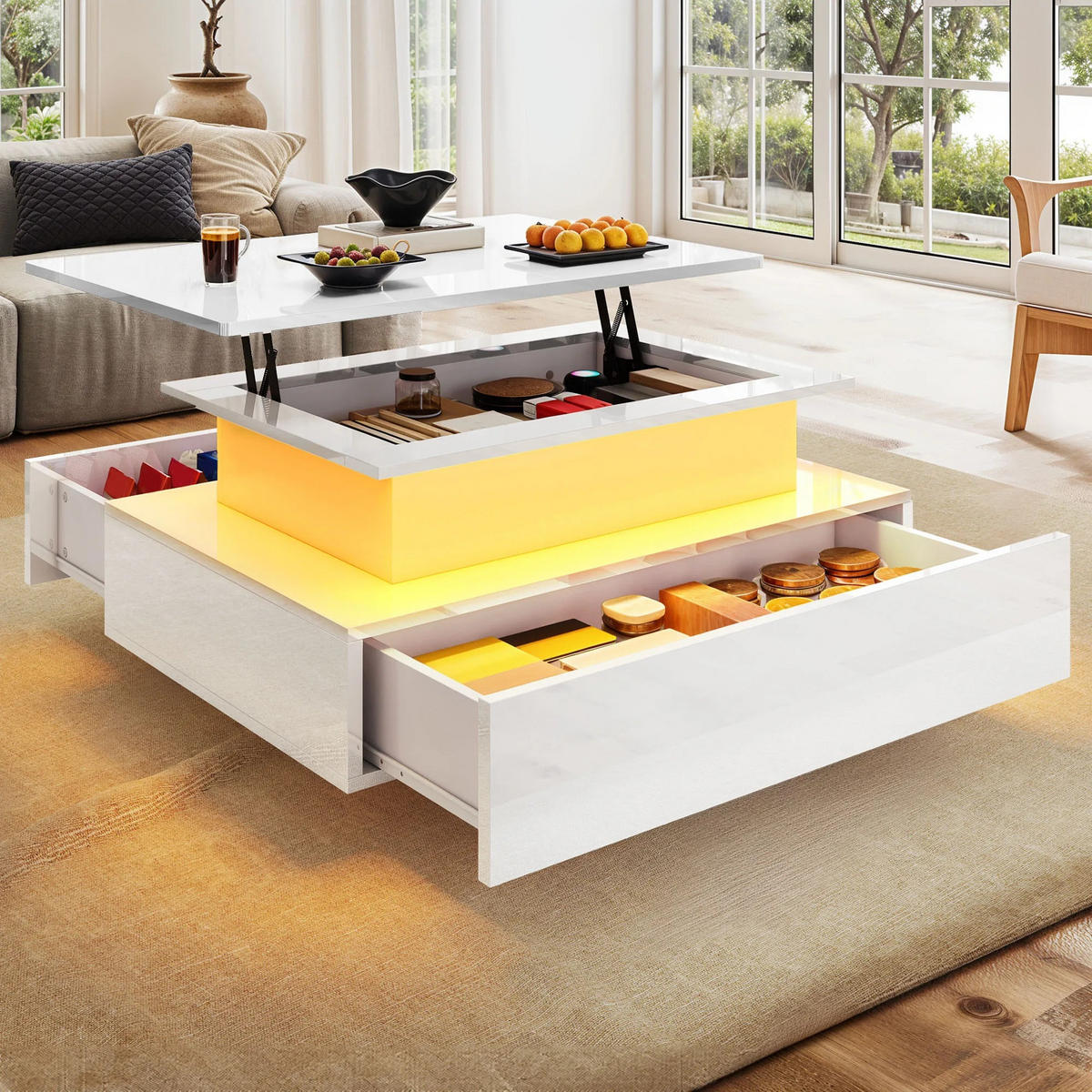 COUCHTISCH, 16 Farb-LEDs, erhöhte Oberfläche, mit 2 Schubladen - Weiß, Holzwerkstoff (55/85/56cm) - Kaket