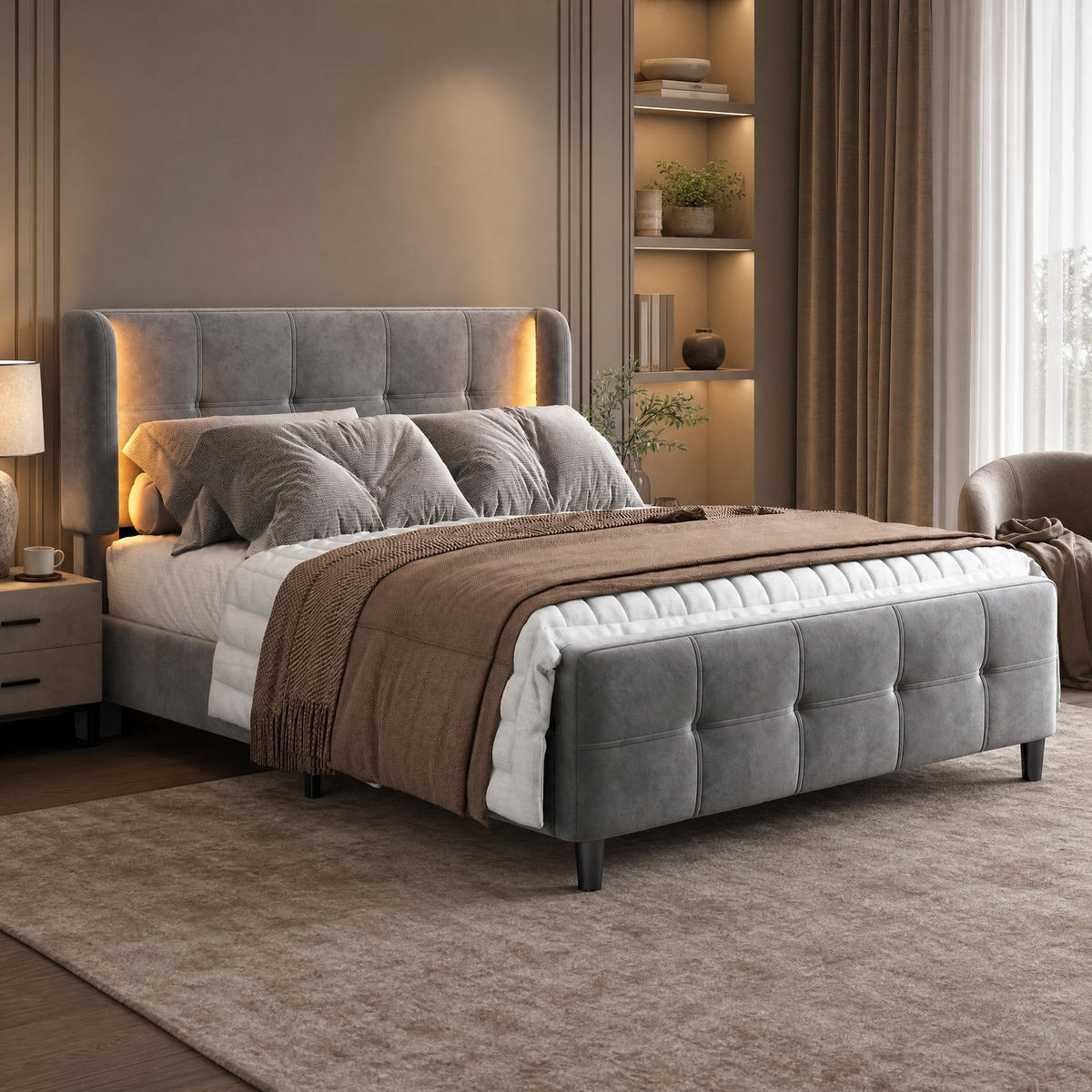 POLSTERBETT 140/200 mit LED, dreifach höhenverstellbarem Kopfteil und gesteppter Gestaltung in Grau - Grau, Holzwerkstoff/Textil (140/200cm) - EVRYAE