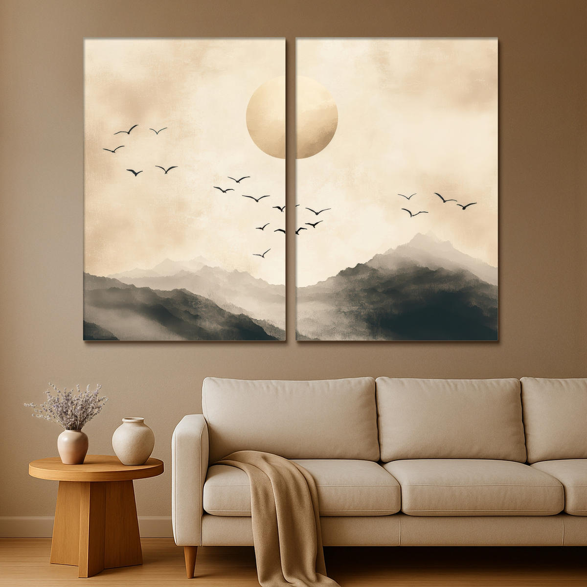 LEINWANDBILD 2er Set Landschaft - Japandi - Beige - Vögel 240x180 cm - Beige, Textil (240/180cm) - MuchoWow