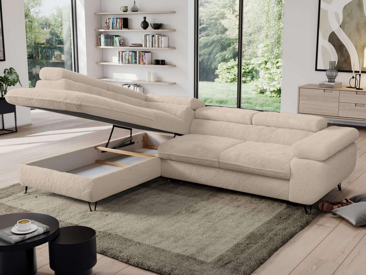 ECKSOFA PEDRO L Ecru Plüsch - Links Seite - Ecru/Schwarz, Textil/Metall (208/273cm) - MKS