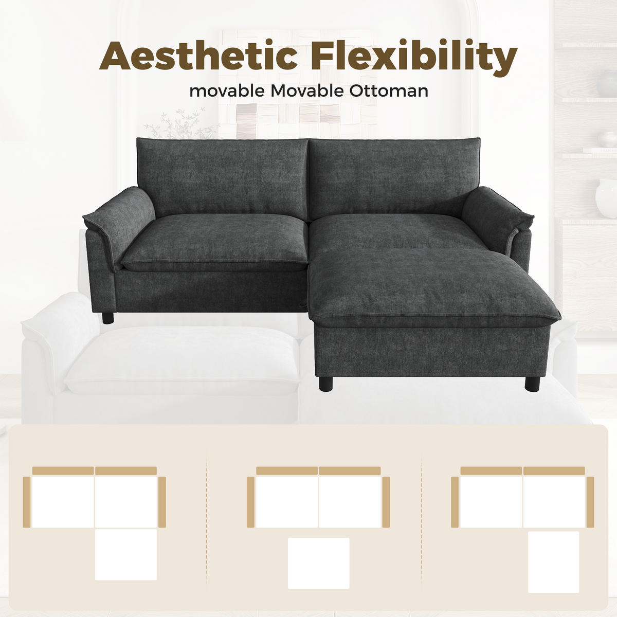 SOFA Schwarz U-Form Cloud Modular Deep Seat 216cm Hocker - Schwarz, Textil (77/82/216cm) - FLIEKS