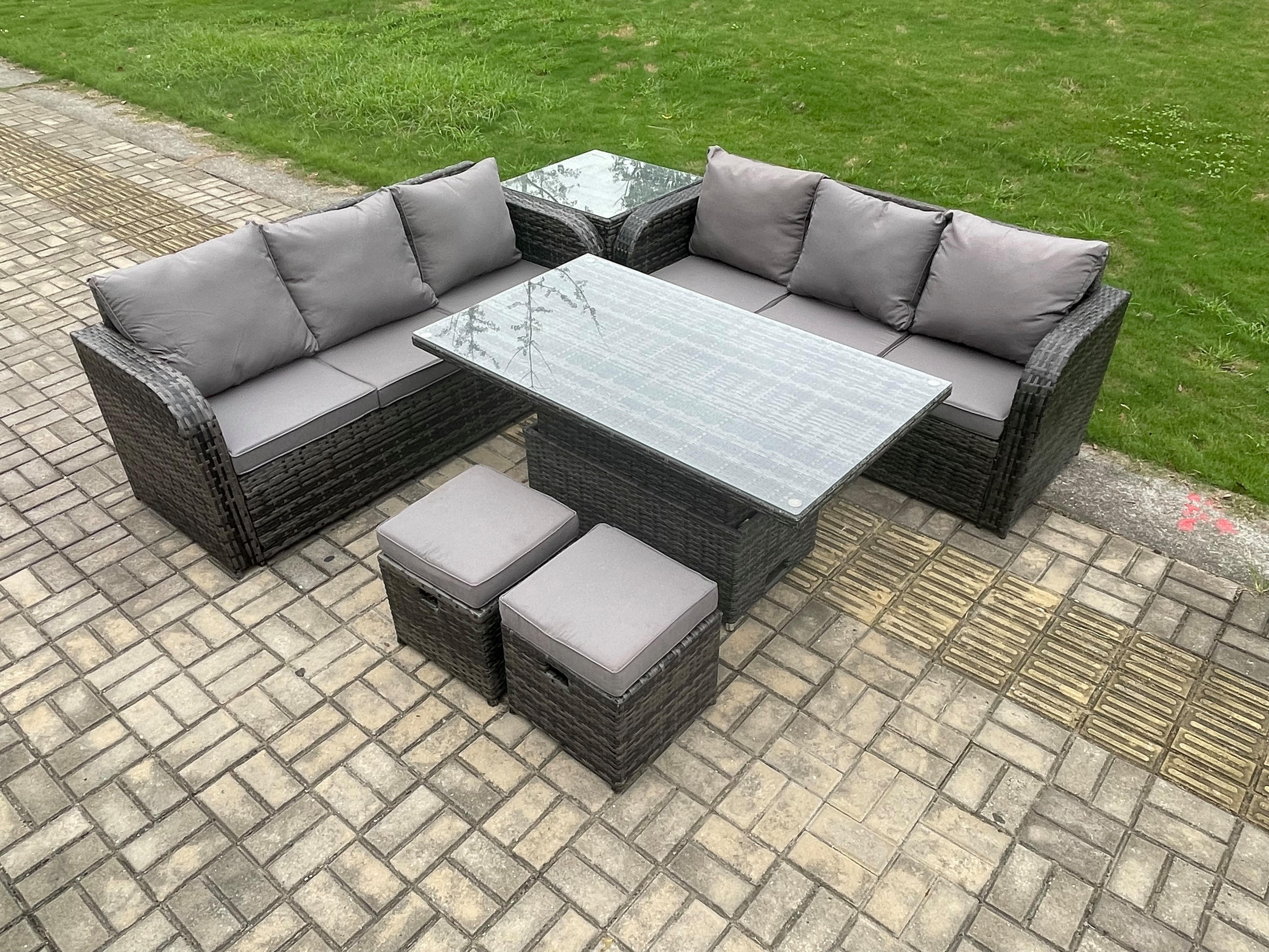 GARTENTISCHGRUPPE Polyrattan 8-Sitzer - Dunkelgrau/Grau, Glas/Kunststoff - Fimous