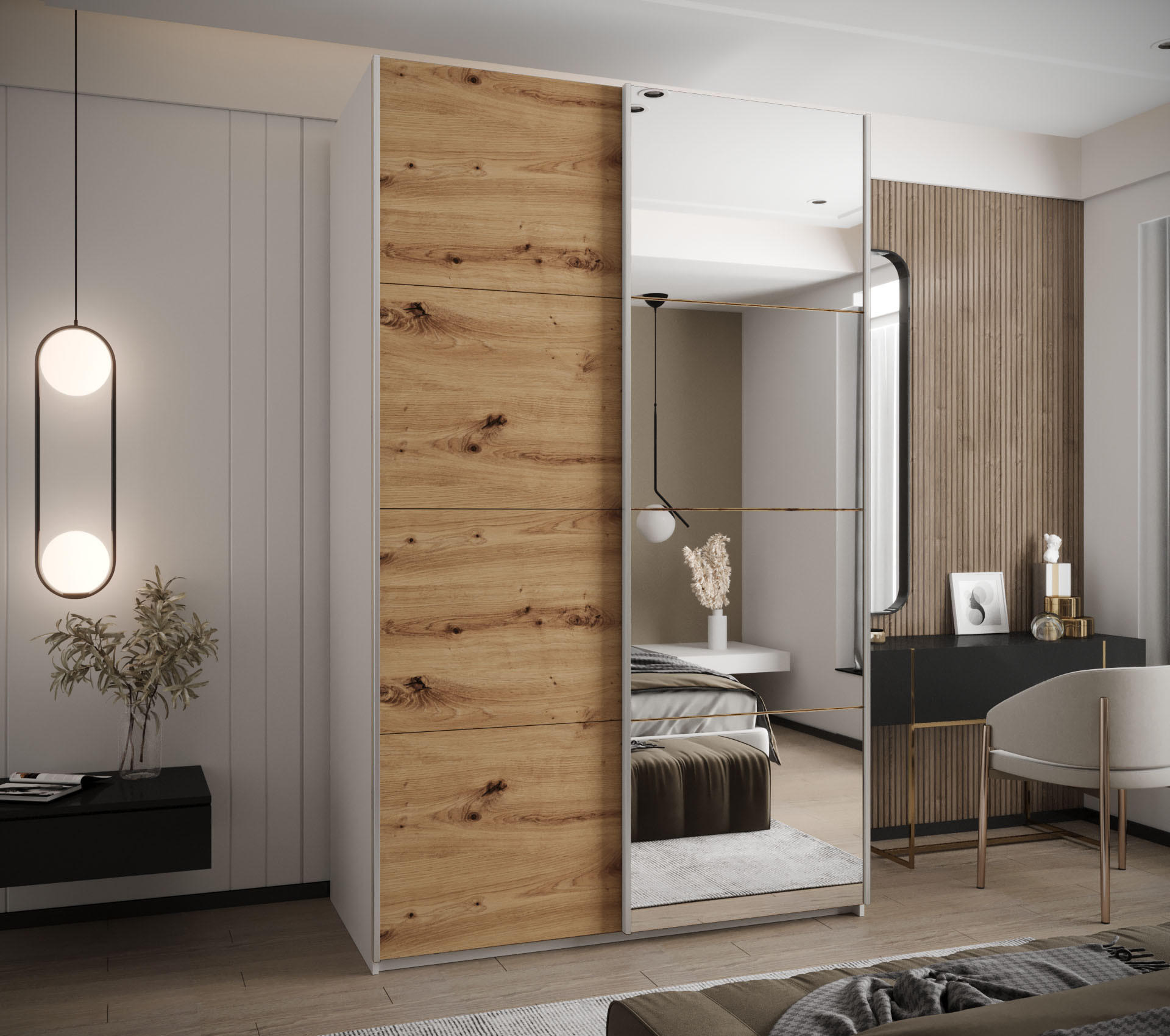 SCHWEBETÜRENSCHRANK 245,5/160/64 2-türig - Silberfarben/Eiche Artisan, Holz/Metall (160/245/64cm) - Abiks Möbel
