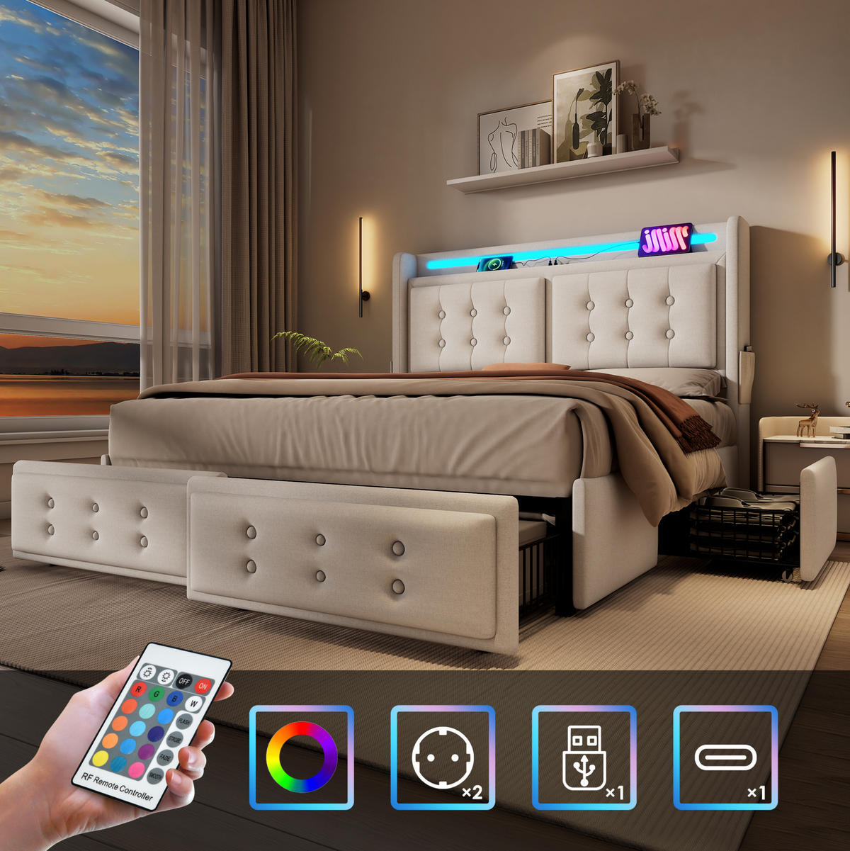 ČALOUNĚNÁ postel 140/200 cm z bavlněného lnu béžová, s LED osvětlením, USB-C a 4 zásuvkami - béžová, textil (140/200cm) - BEAOK