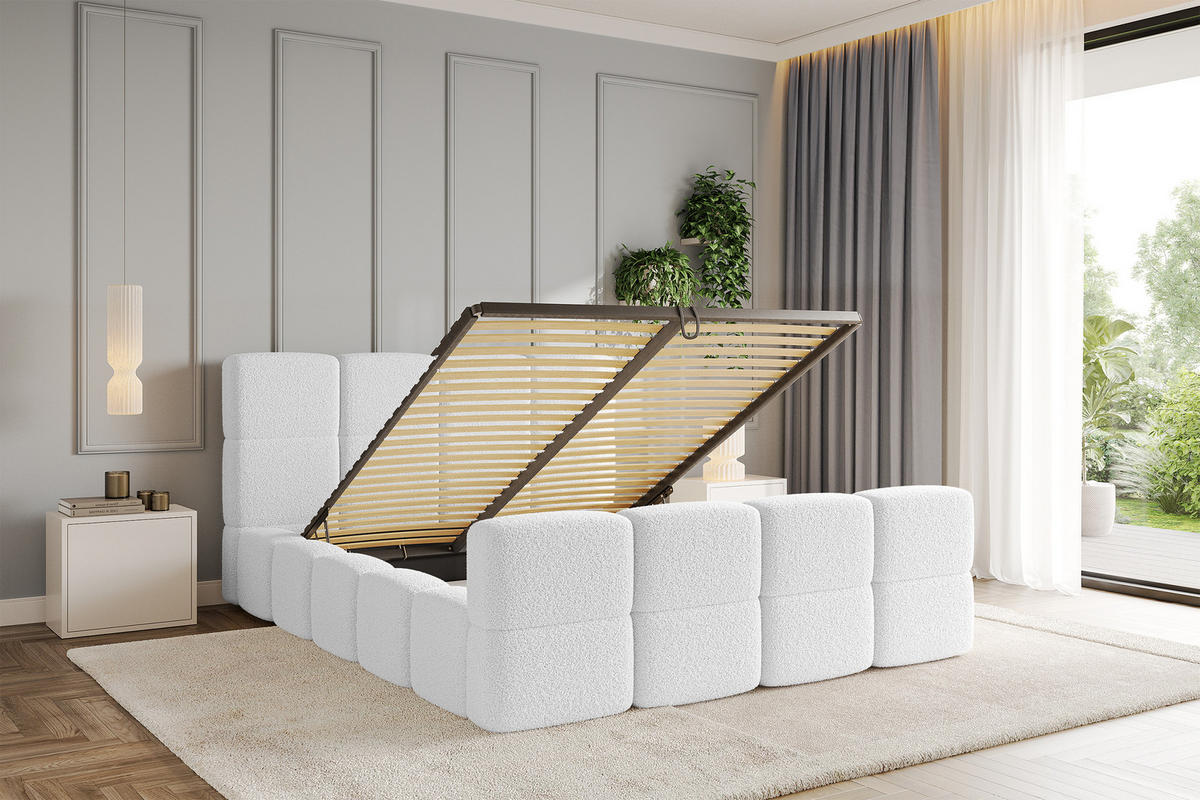 POLSTERBETT mit Bettkasten und Lattenrost mit Matratze H3/H4, Kopfteil, Boxbett, mit Stauraum - NATA-Z 160x200 Weiß - Weiß, Holzwerkstoff/Textil (160/200cm) - ALTDECOR