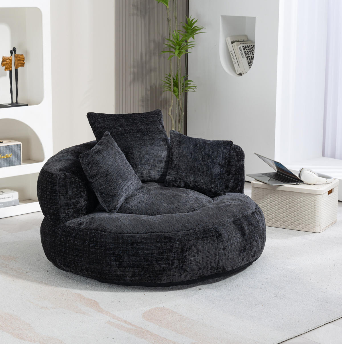 SITZSACK mit Armlehnen 108 x 108 x 52 cm Chenille Black - Schwarz, Kunststoff (108/52/108cm) - Beauniv