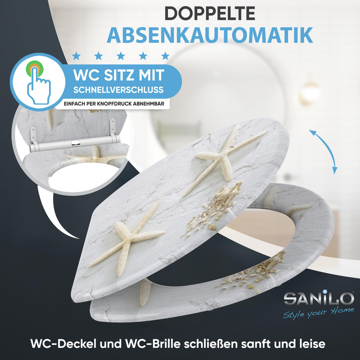 WC-SITZ mit Absenkautomatik & Top Fix Seestern - Grau, Holzwerkstoff (37.7/5.5/48cm) - Sanilo