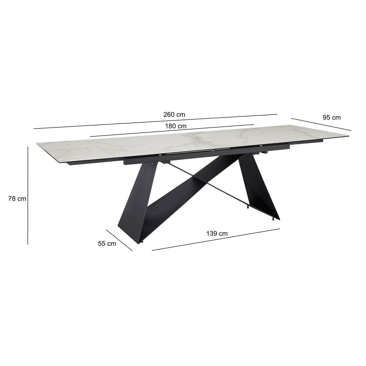 ESSTISCH Ausziehbar Keramik Glas Marmoroptik Rechteckig Groß, Weiß 180x95x78 cm - Schwarz/Weiß, Keramik/Metall (95/180/78cm) - KADIMA DESIGN