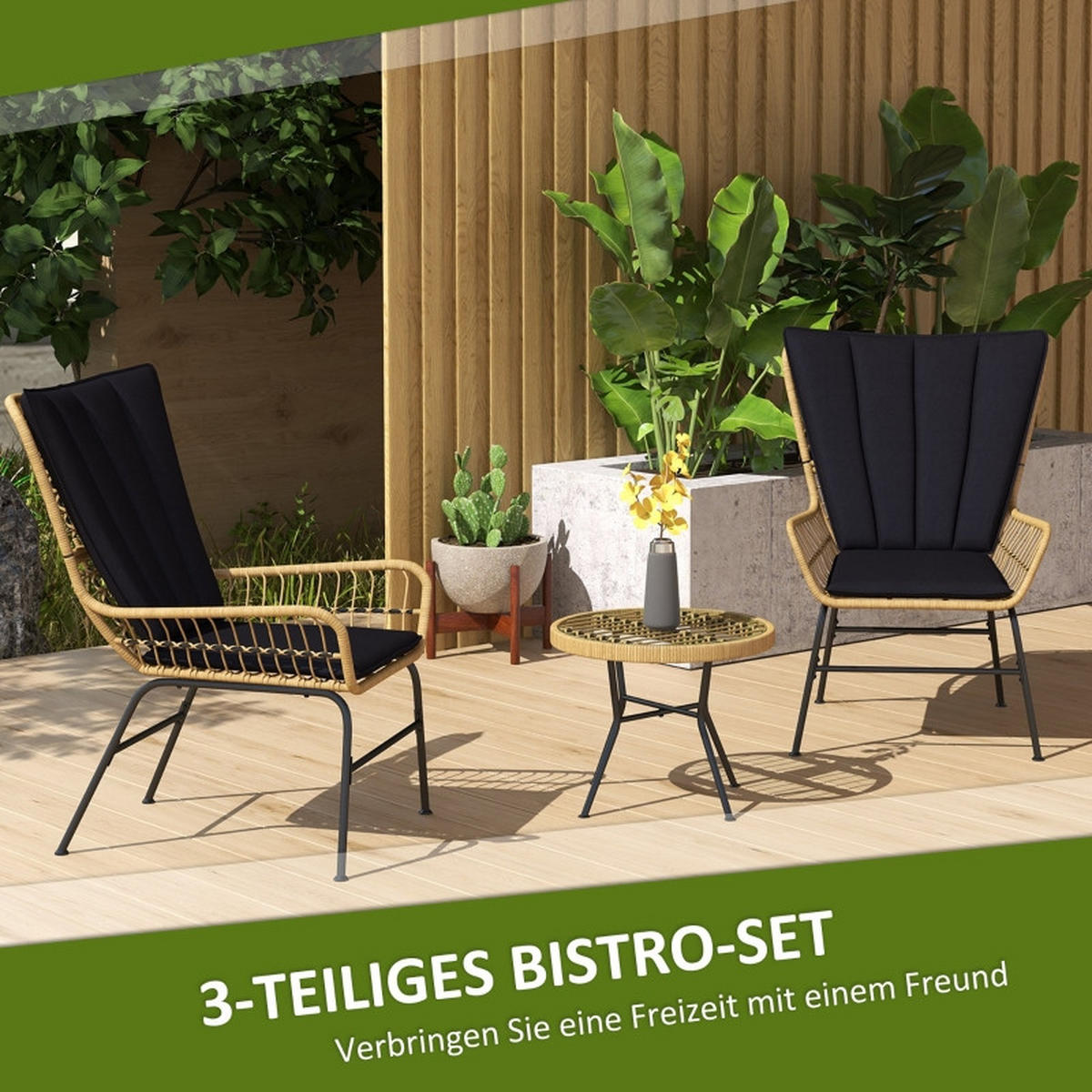 RATTAN GARTENMÖBEL SET 3-tlg. mit 2 Stühlen & Beistelltisch Hartglasplatte - Schwarz, Metall - ComfortXL