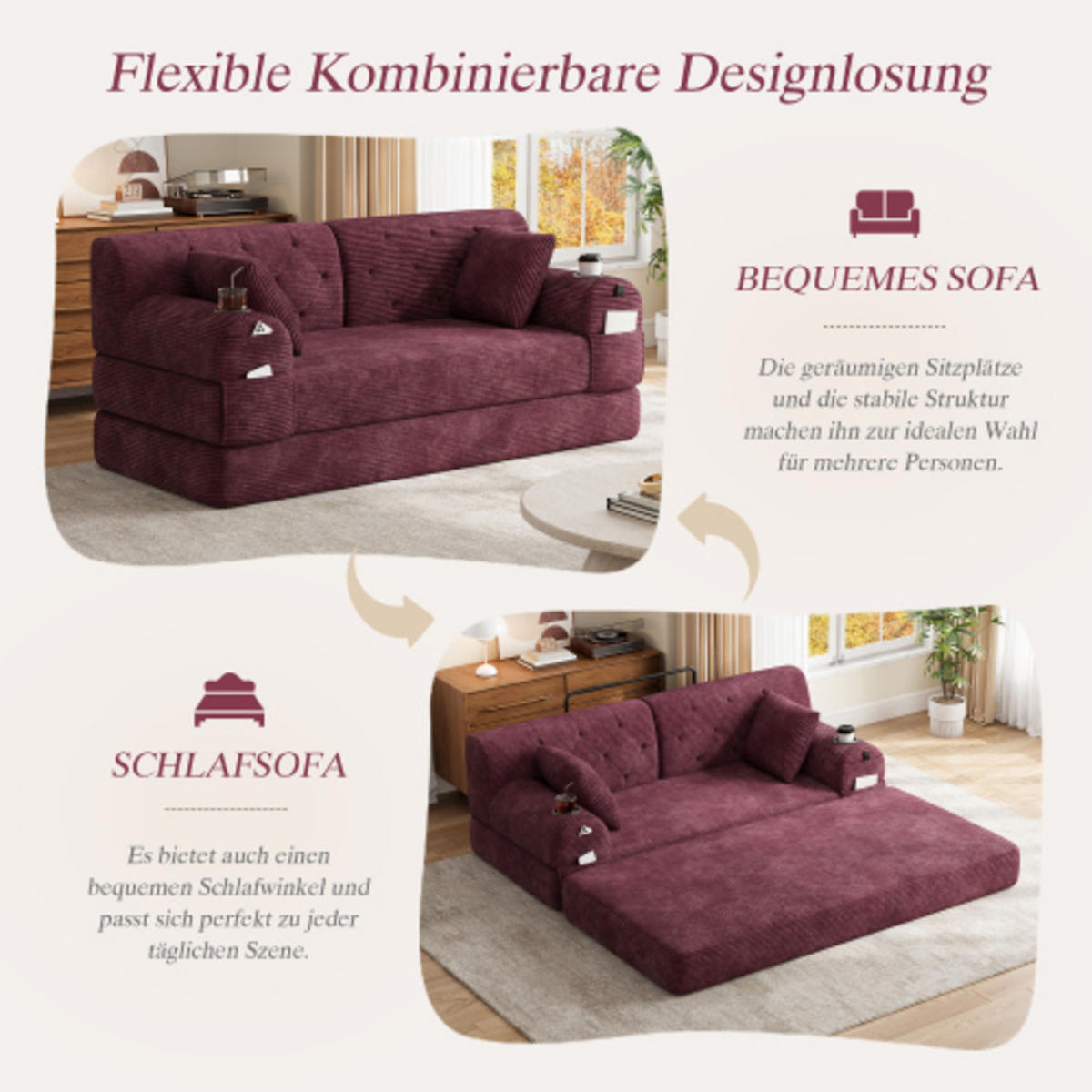 SCHLAFSOFA mit Metallrahmen weinrot 168×80×81 cm aus Cordstoff - Weinrot, Textil (80/81/168cm) - Luhomfu