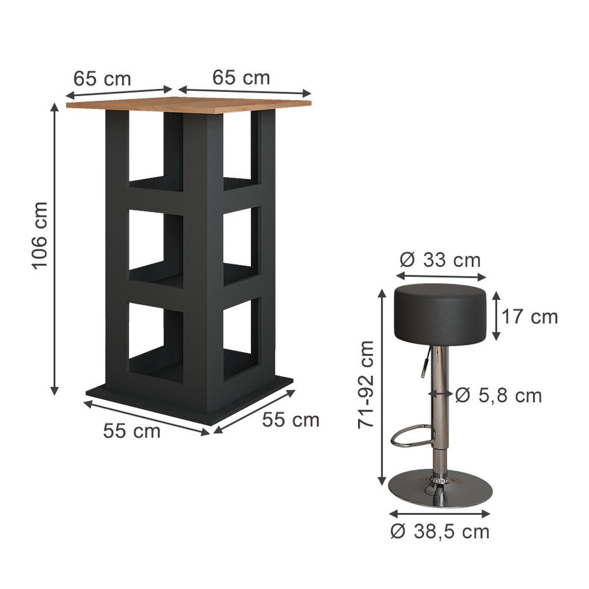 STOJACÍ BAROVÝ STŮL SE ŽIDLEMI Repose Zlatý dub power/antracit - medově dubová/černá, kompozitní dřevo (65/65/106cm) - Vicco
