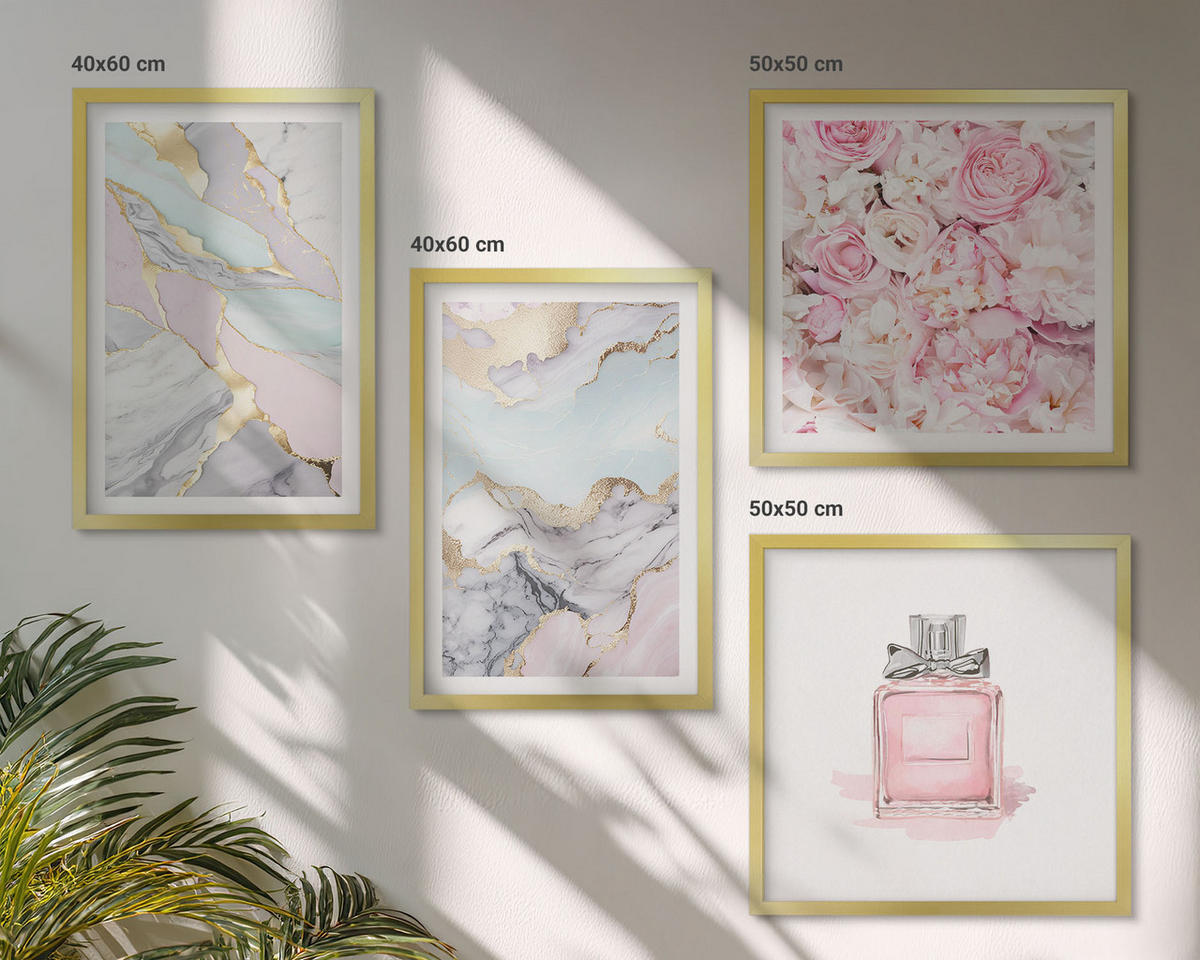 WANDBILDER 4er Set - 50x50 cm & 40x60 cm Goldrahmen - Rosa Blumen Marmor Pastell - Goldfarben, Kunststoff (50/50cm) - ArtPrintCave