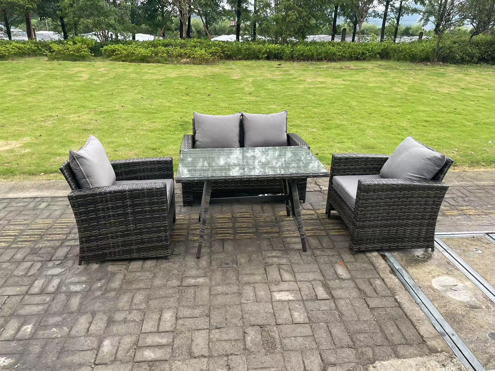 GARTENTISCHGRUPPE Polyrattan 4-Sitzer - Dunkelgrau/Grau, Glas/Kunststoff - Fimous