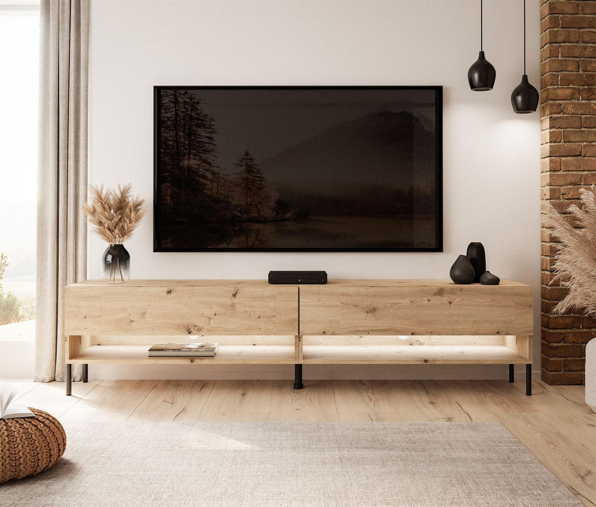 TV-LOWBOARD Schrank CALANTE 180 LOFT cm auf geraden schwarzen Beinen - Schwarz/Eiche Artisan, Holzwerkstoff/Metall (180/44/35cm) - Lookway