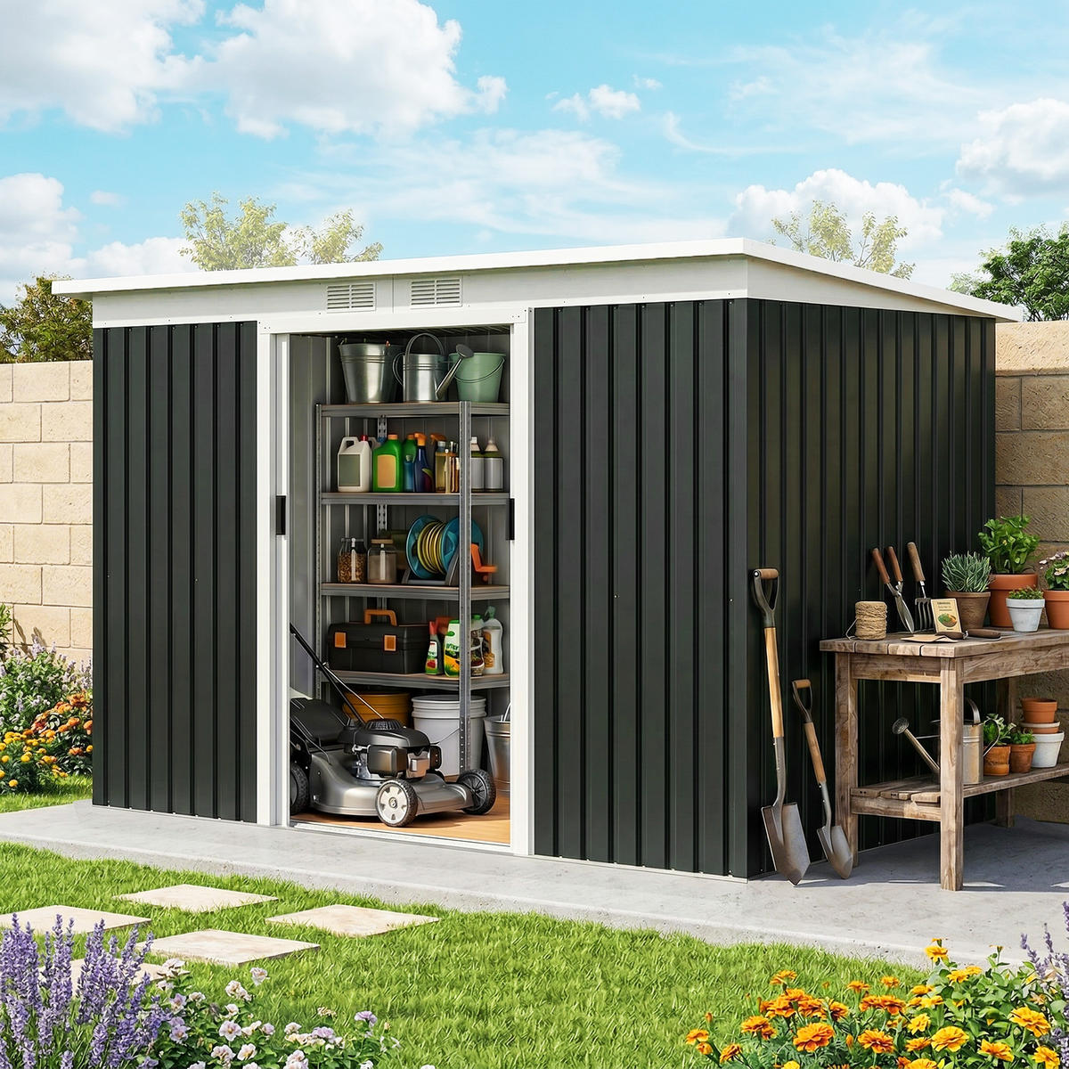 GARTENHAUS aus Stahlblech mit Schiebetüren 280 x 130 x 172 cm ,grau-schwarz - Grau, Metall (130/172/280cm) - Vallsero