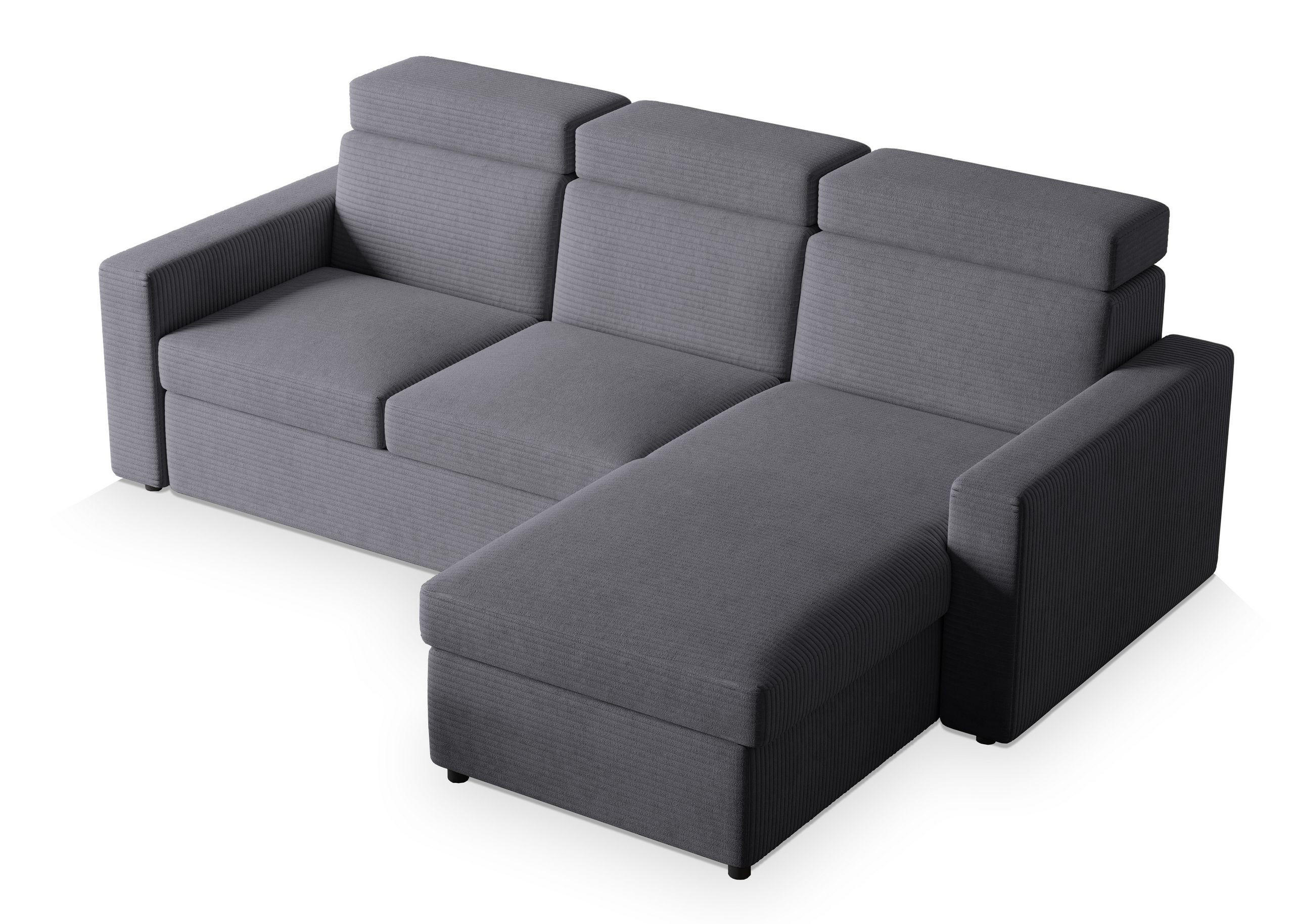 ECKSOFA PADWA Grau Kordstoff mit Schlaffunktion - Grau, Holz (227/168cm) - MASSENO