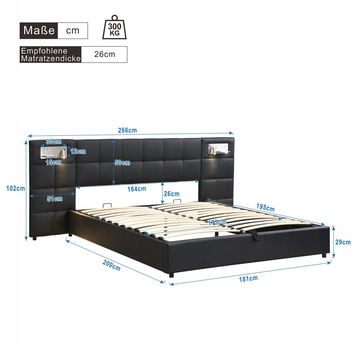 POLSTERBETT 180/200 cm Schwarz mit USB und hydraulischem Stauraum - Schwarz, Kunststoff (180/200cm) - OKWISH