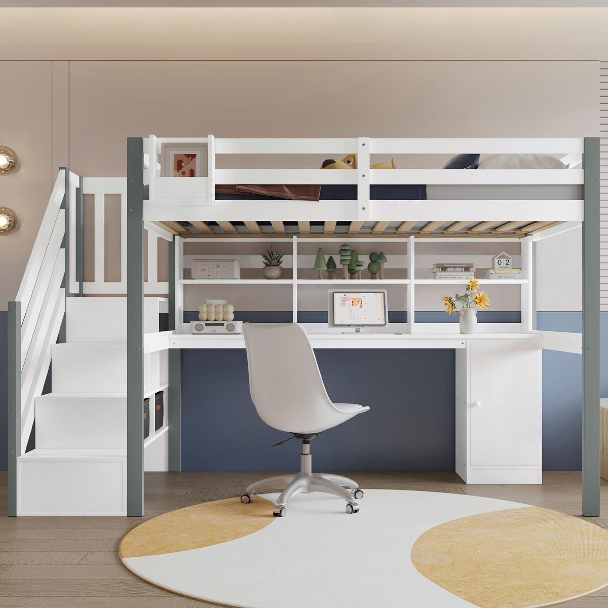 HOCHBETT 90/200 cm weiß aus Massivholz mit Schreibtisch und Stauraumtreppe - Weiß, Holz (90/200cm) - OKWISH