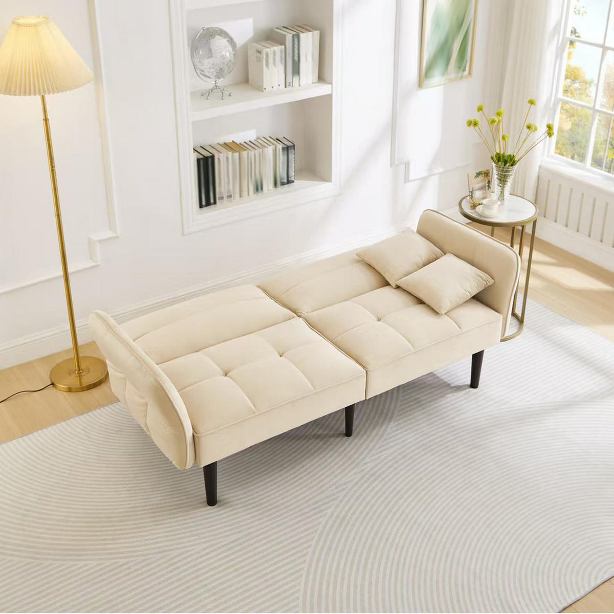 SOFA 2in1 Verstellbar Schlaffunktion Samtbezug Klappbare Armlehnen Kleinraum - Beige, Holz (92.08/19.05/80.01cm) - FLIEKS