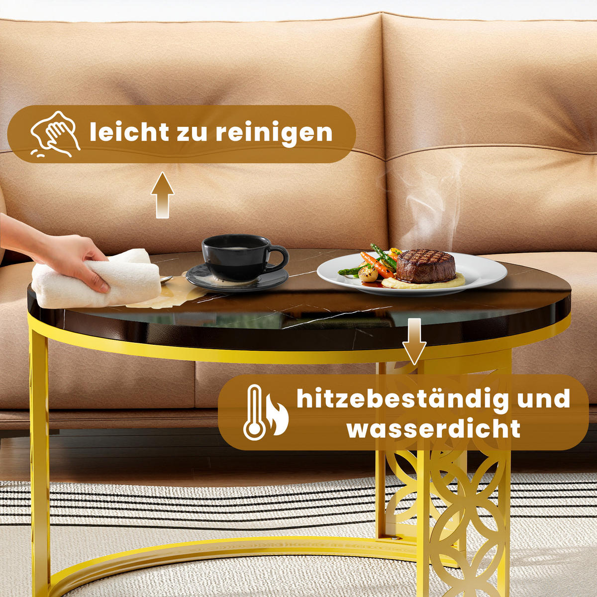 COUCHTISCH 2-teiliges Set Nesting Satztisch 70x70x45 cm + 45x45x37 cm Schwarz und Gold mit Marmor Furnier - Schwarz, Holzwerkstoff (70/70/45cm) - Modfu