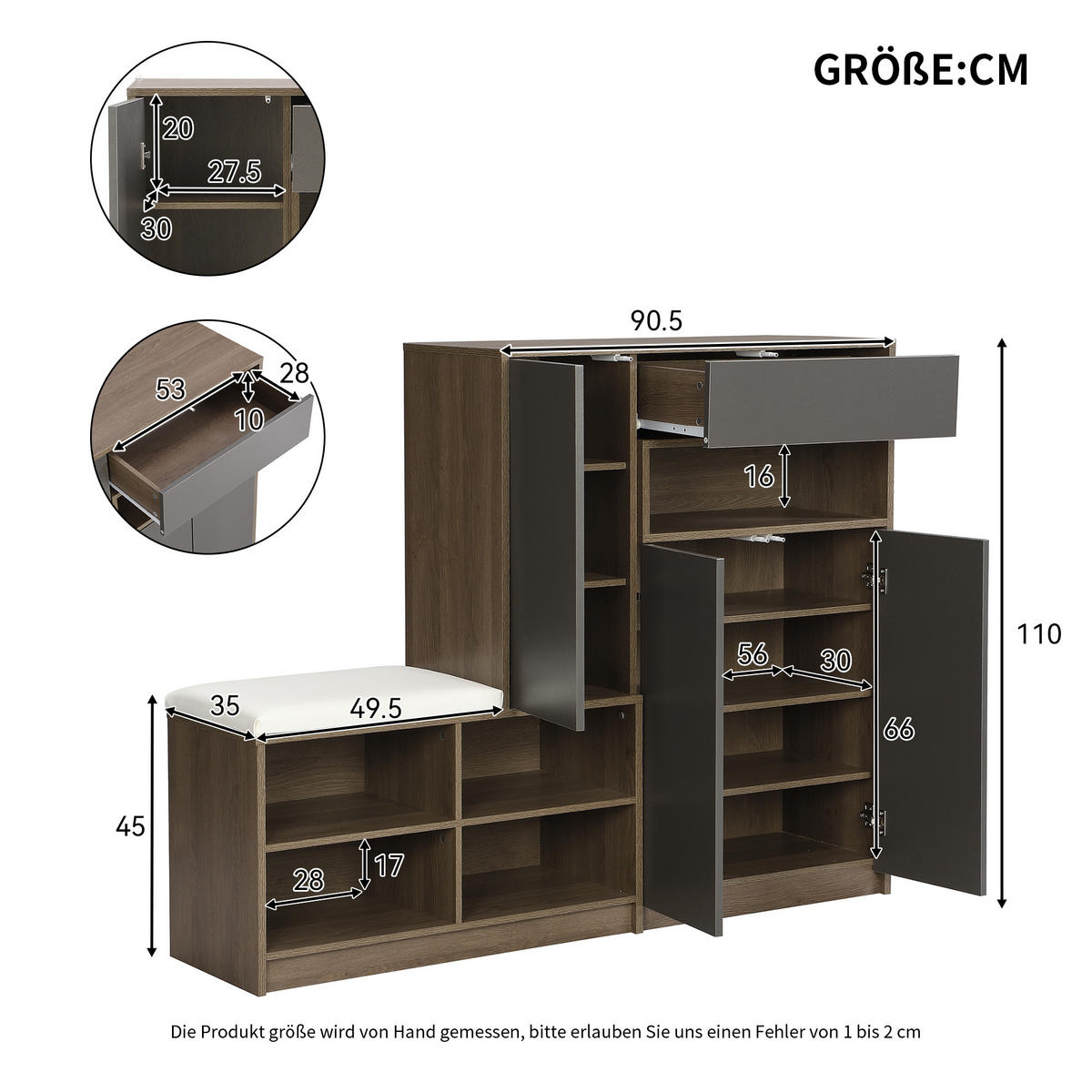 SCHUHSCHRANK Bank mit Sitz Grau 140x35x110cm - Grau, Holzwerkstoff (35/110/140cm) - FLIEKS