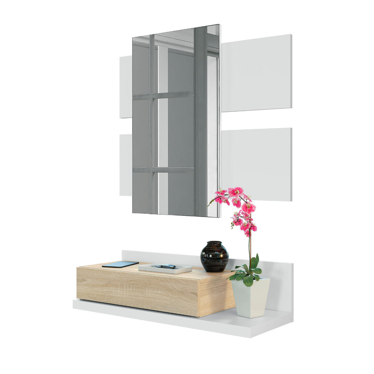 HÄNGEKONSOLE mit 1 schublade und 1 spiegel - tekkan 75/29/20 cm - Weiß, Holzwerkstoff (61/29/20cm) - Calicosy