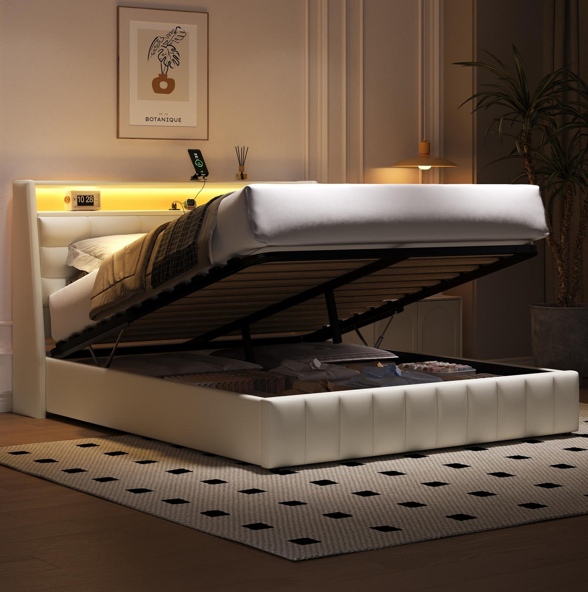 BETT mit Stauraum, LED und USB 160x200 cm Weiß - Weiß, Metall (160/200cm) - Meubliv