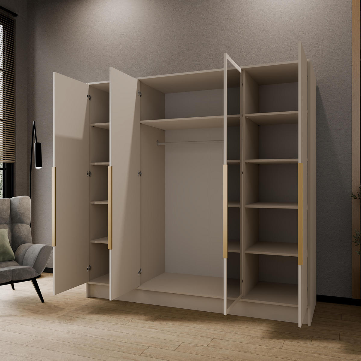 KLEIDERSCHRANK Mono Lux mit Speigel, Drehtüren mit Schwarze Metallgriffe, Kaschmir 200/200/51 cm - Kaschmir, Holzwerkstoff (200/200/51cm) - WFL GROUP