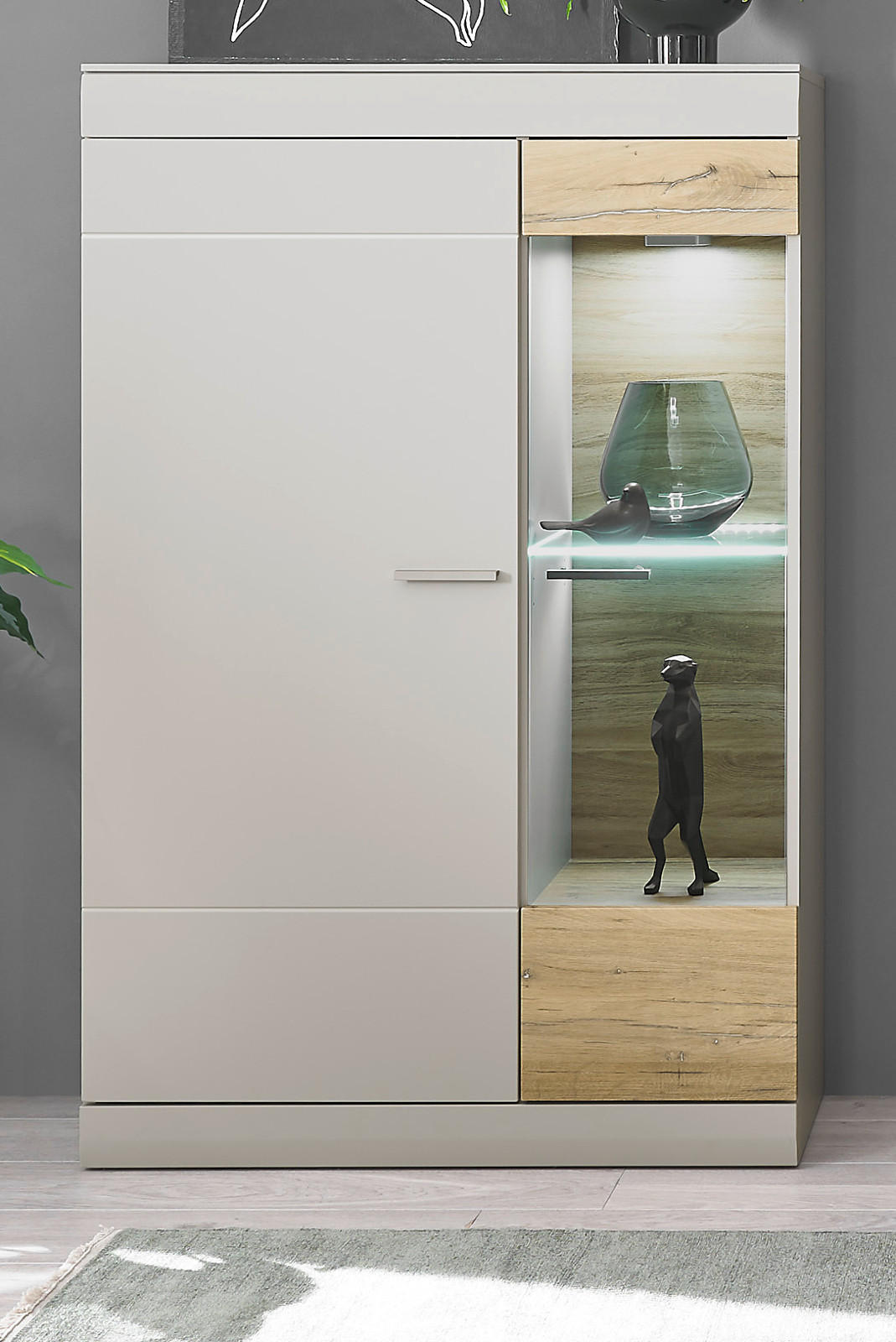 VITRINE grau matt, Zinneiche 90 cm, Highboard mit Soft-Close-Funktion - Eichefarben/Silberfarben, Glas/Holzwerkstoff (90/139/35cm) - Furn.Design