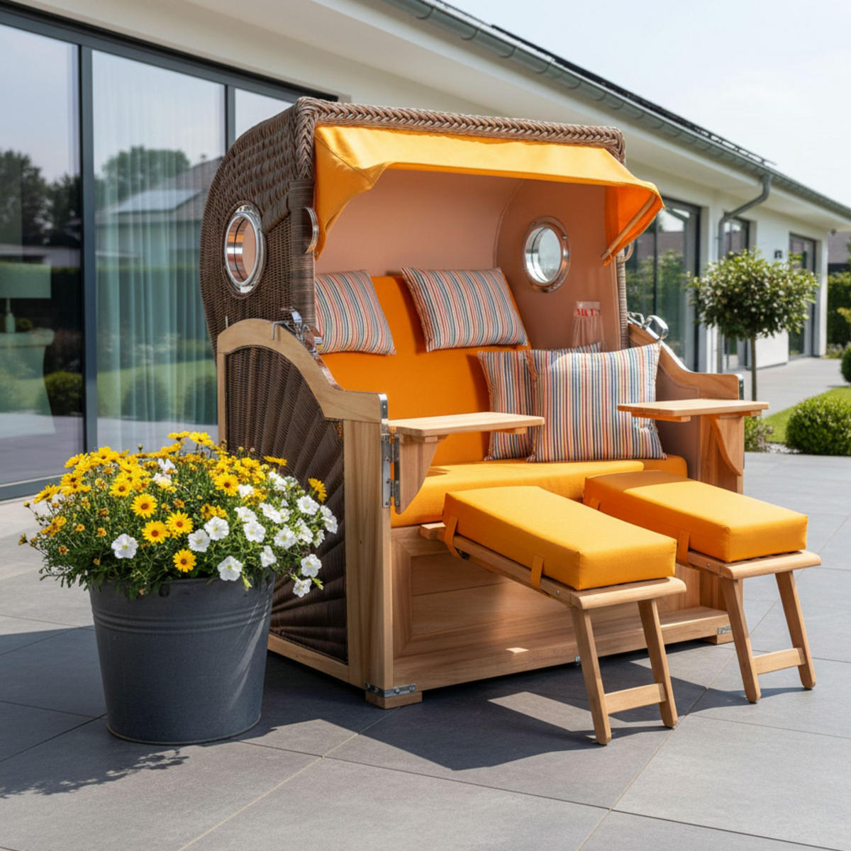 STRANDKORB Baltikum Teak 2,5 Sitzer - Gelb/Braun, Holz/Metall (142/170/95cm) - Mr. Deko