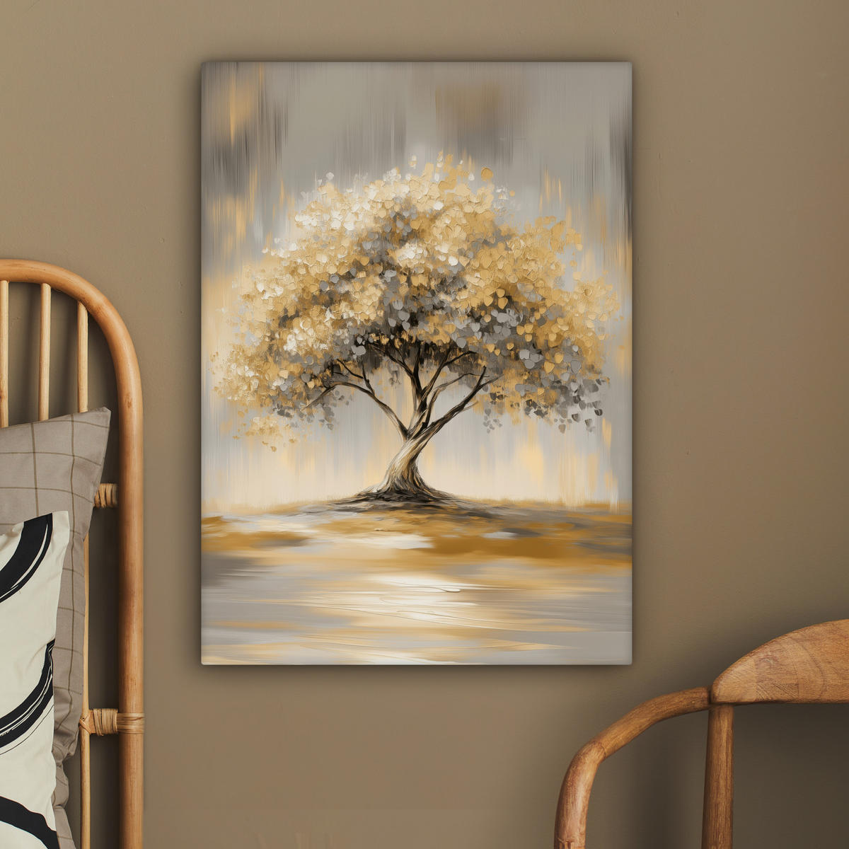 LEINWANDBILD Gemälde - Baum - Abstrakt - Blätter Wandbild Wohnzimmer 60x80 cm - Beige, Textil (60/80cm) - MuchoWow