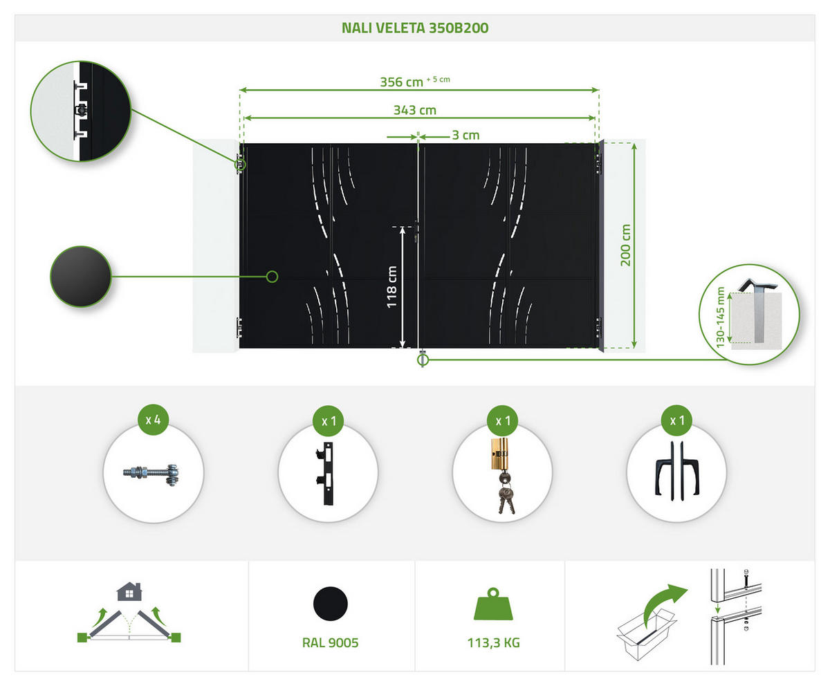 STAHLFLÜGELTOR Nali Veleta Mattschwarz 3,5m H.200cm - Schwarz, Metall (343/200cm) - Casanoov