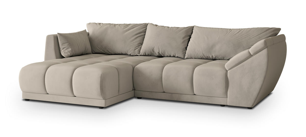 ECKSOFA ORENTI L-S Beige Velours-Stoff mit Schlaffunktion - Beige, Holz (287/182cm) - MASSENO