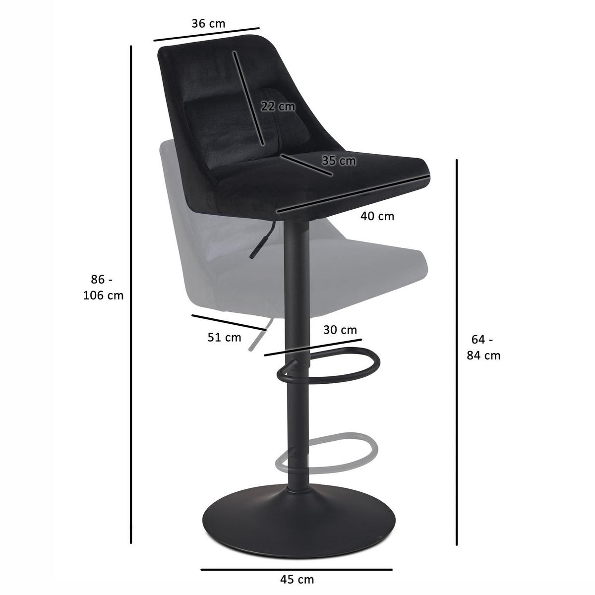 BARHOCKER Samt Lehne Höhenverstellbar Trompetenfuß Gepolstert, Schwarz 45x51x106 cm - Schwarz, Textil/Metall (45/106/51cm) - KADIMA DESIGN