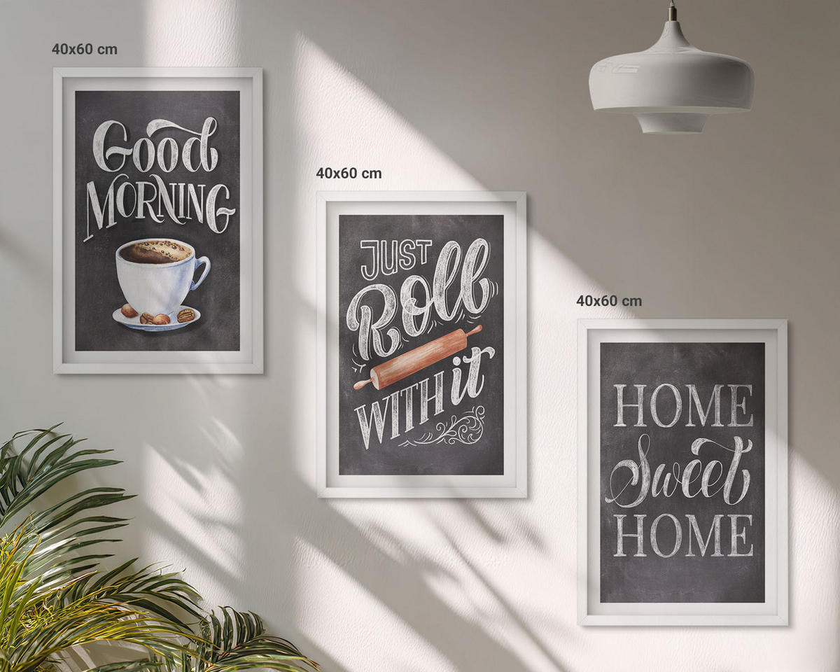 BILDER SET 3er Set - 40x60 cm Weißer Rahmen - Motive und Inschriften für die Küche - Weiß, Kunststoff (40/60cm) - TULUP