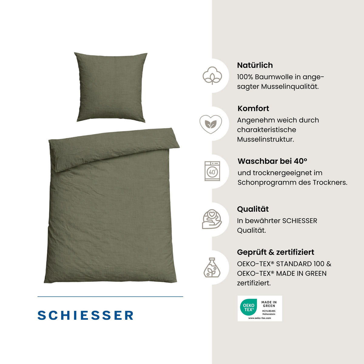 BETTWÄSCHESET Molly - Musselin - 2-teilig - 135 x 200 cm - Dunkelgrün - Dunkelgrün, Textil (135/200cm) - SCHIESSER