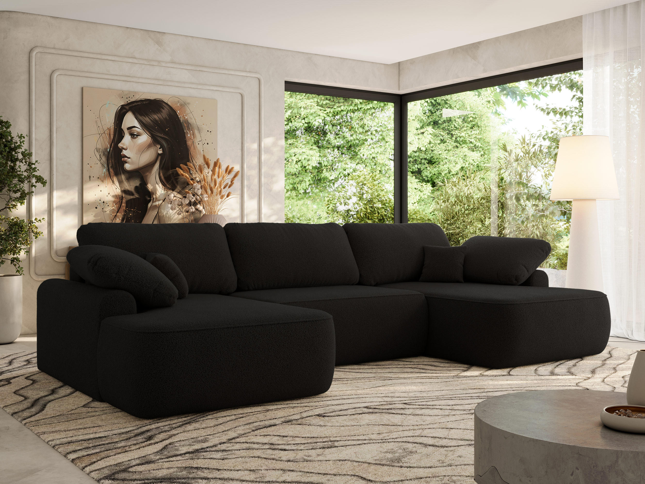 WOHNLANDSCHAFT CUBO U Schwarz Boucle - Schwarz, Kunststoff/Textil (370/100/187cm) - MKS