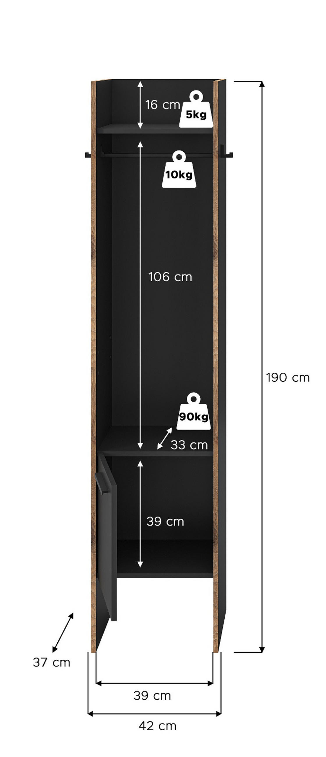 GARDEROBE grau und Nox Eiche, Kompaktgarderobe 42 x 189 cm, Salud - Dunkelgrau/Schwarz, Holzwerkstoff/Kunststoff (42/189/37cm) - Inn.Furn