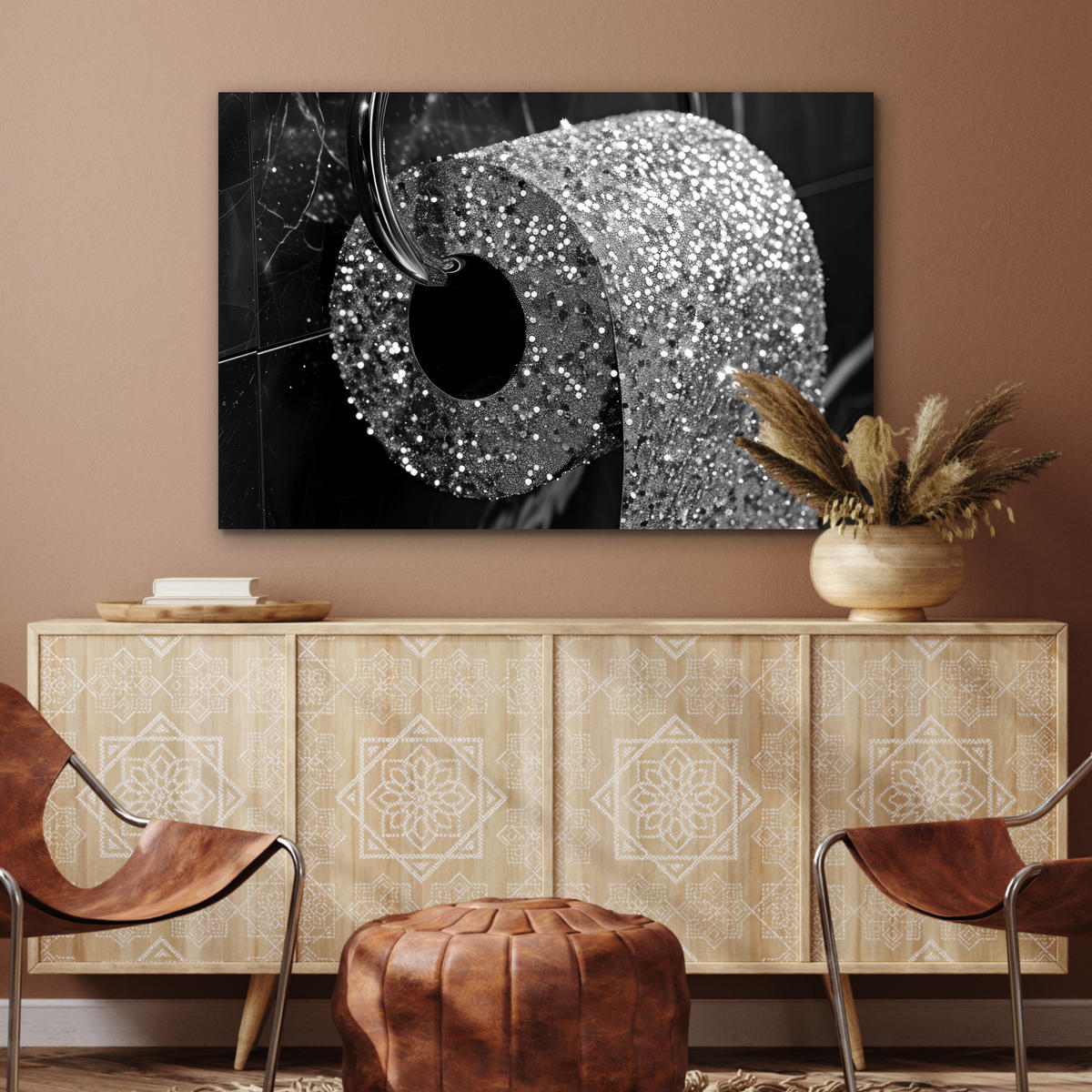 METALLBILD WC - Toilettenpapier - Schwarz und weiß - Glitter 120x80 cm - Silberfarben, Metall (120/80cm) - MuchoWow