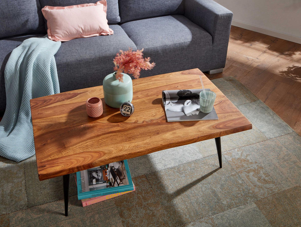 COUCHTISCH Sheesham Massivholz in Natur mit Baumkante und Metallgestell, 110x60x40 cm, Handgefertigt, Schutzlack-beschichtet - Schwarz/Braun, Holz/Metall (60/110/40cm) - KADIMA DESIGN