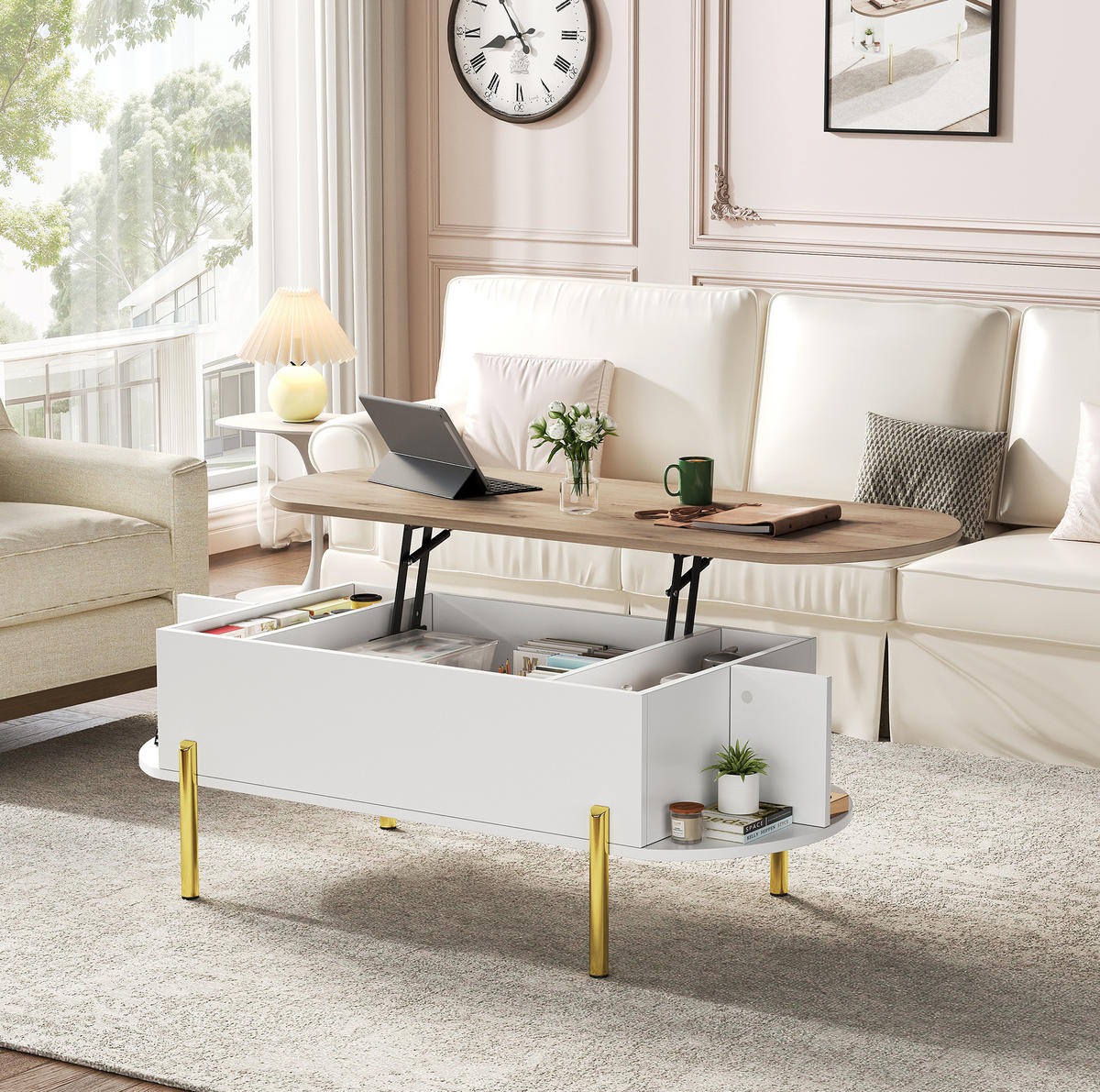 COUCHTISCH 120/50/43 cm weiß aus MDF mit höhenverstellbarer Tischplatte und Stauraum - Weiß, Holzwerkstoff (120/50/43cm) - OKMYHOME