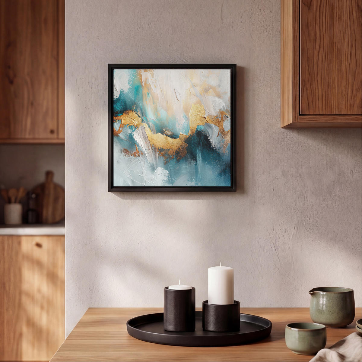 LEINWAND Bilder mit Rahmen - Abstrakt - Kunst - Gold - Blau - 20x20 - Petrol, Textil (20/20cm) - MuchoWow