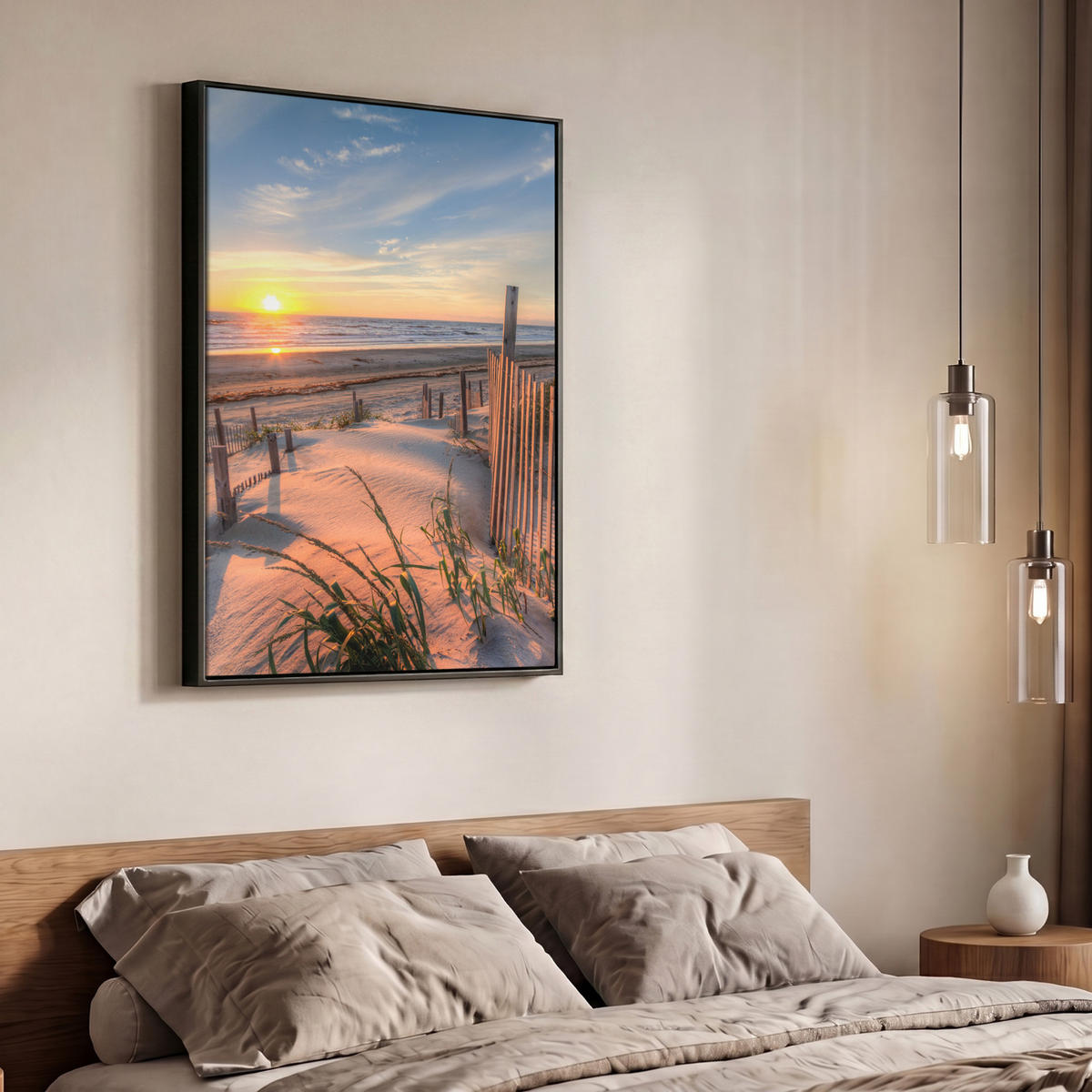 LEINWAND Bilder mit Rahmen - Strand - Meer - Düne - Sonnenuntergang - Landschaft - 70x100 - Beige, Textil (70/100cm) - MuchoWow