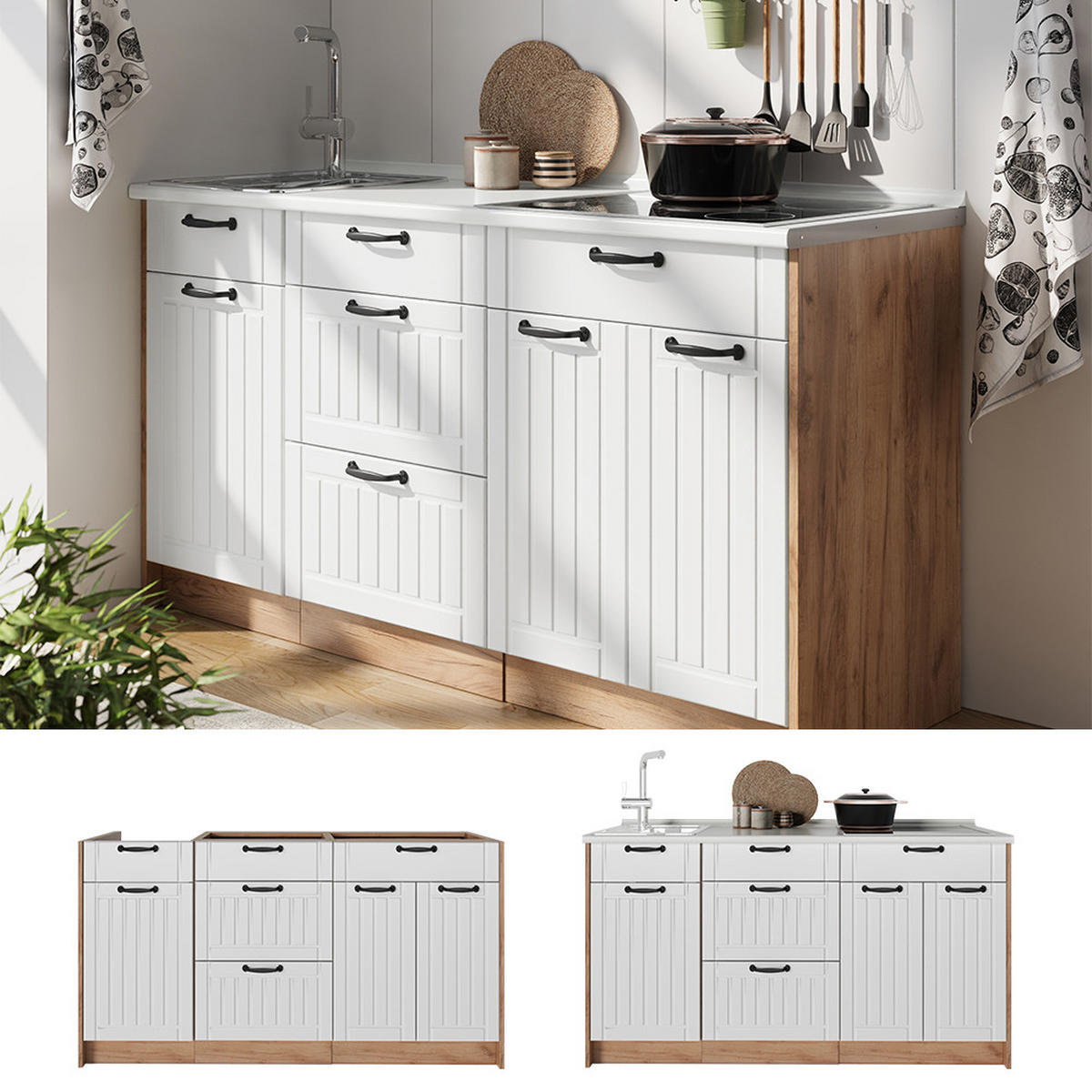 KUCHYNSKÝ BLOK Fame-Line, Biely vidiecky dom/Dub Goldkraft, 150 cm, AP Marble - biela/dub medový, kompozitné drevo (150/82/60cm) - Vicco