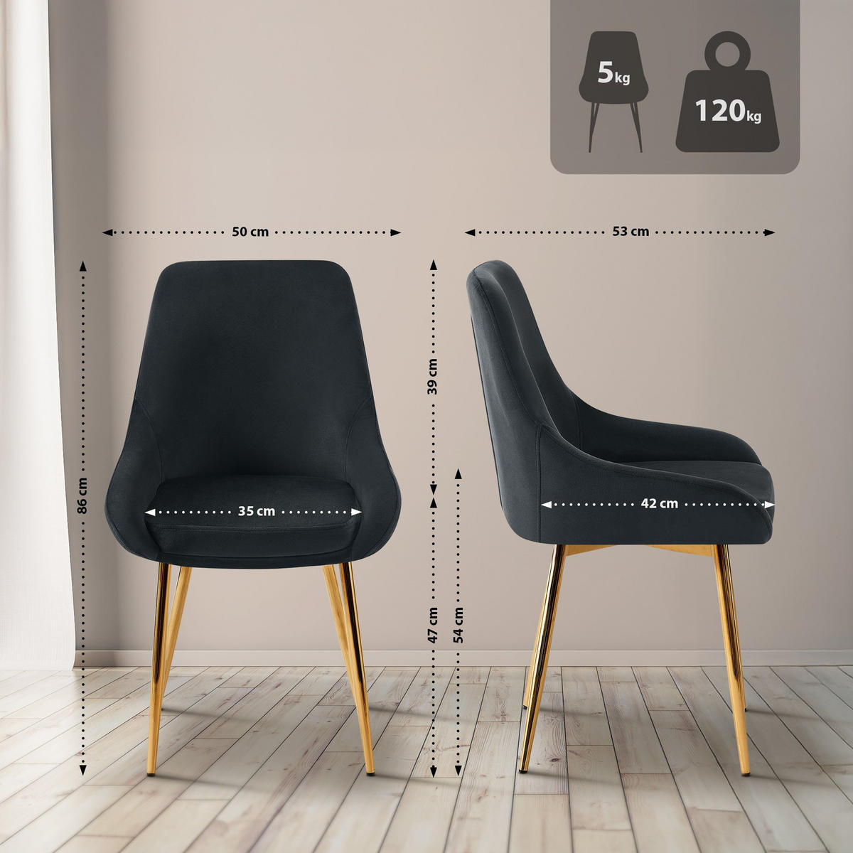 STUHL Samt Schwarz - Goldfarben/Schwarz, Textil (50/86/53cm) - CLP