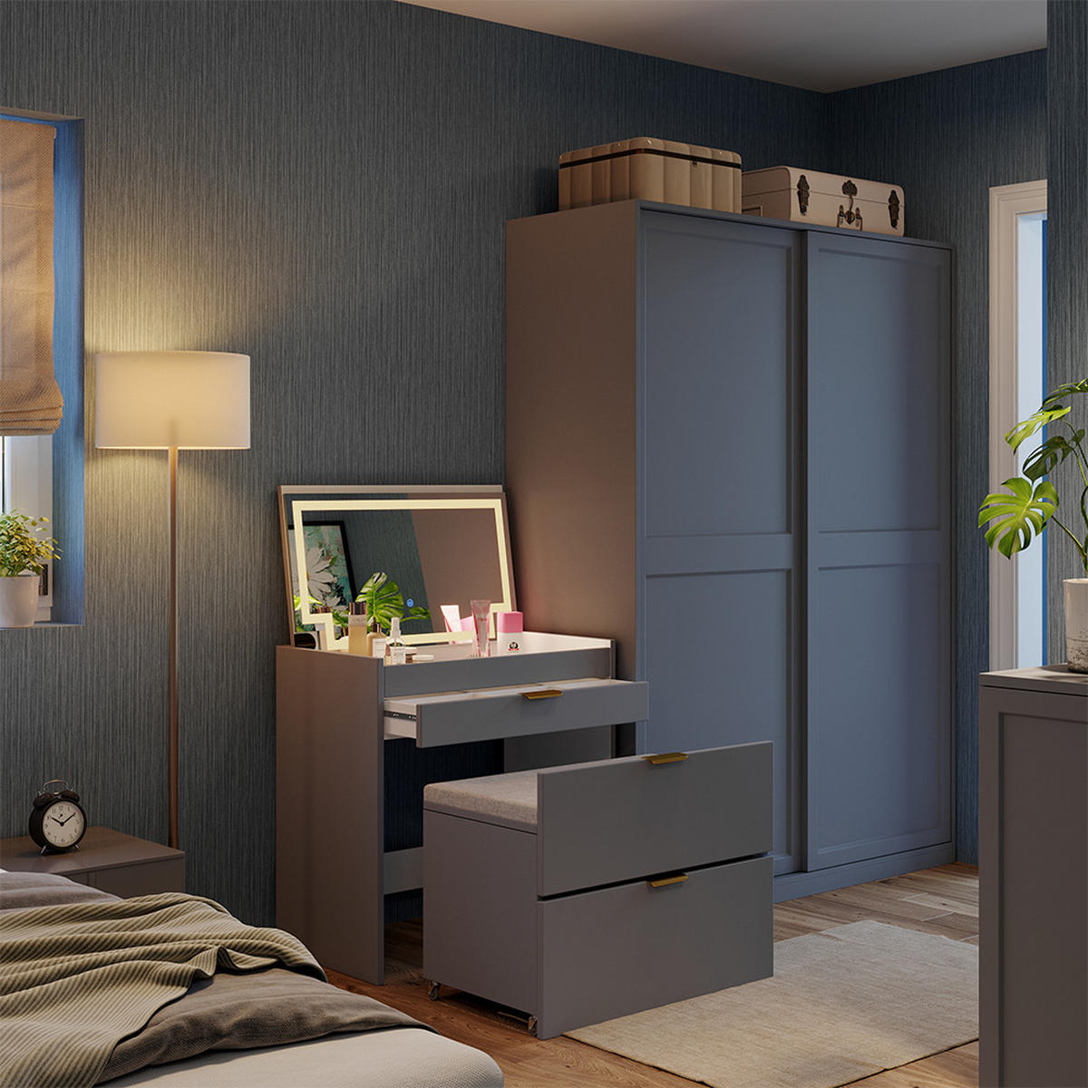 SCHMINKKOMMODE Wanja Grau 80 cm mit Bank und LED Spiegel - Grau, Holzwerkstoff (80/80/46cm) - Vicco