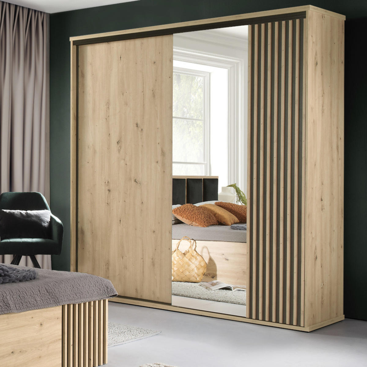KLEIDERSCHRANK NAKUSP C24 Lamellen Eiche Artisan - Schwarz/Eiche Artisan, Glas/Holzwerkstoff (200/213/60cm) - Komodee