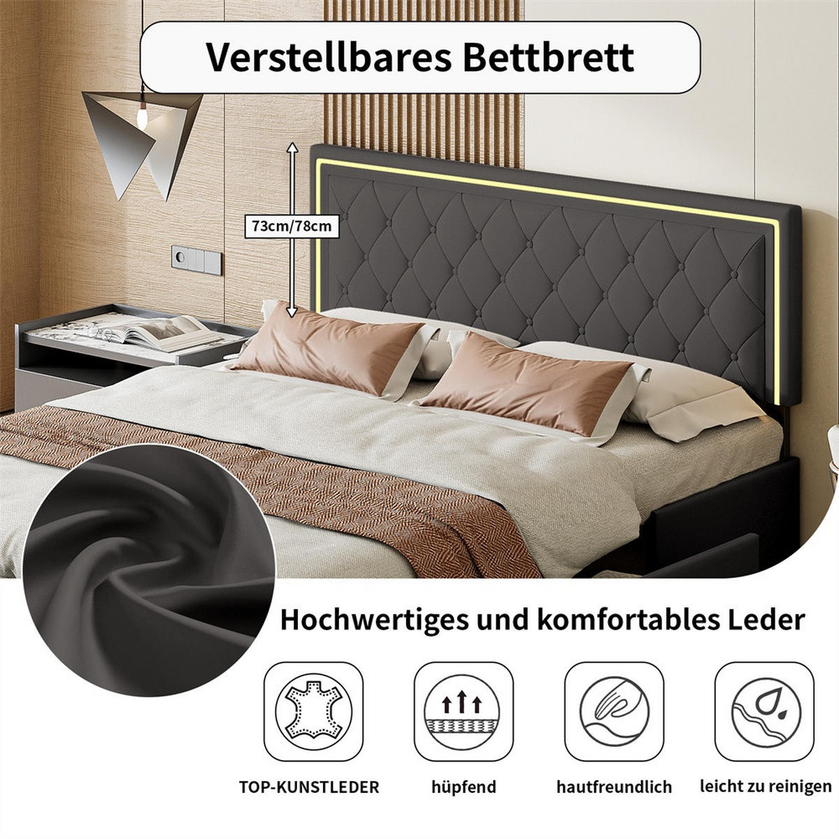 POLSTERBETT 140x200 cm - Doppelbett mit 4 Schubladen und LED-Kopfteilbeleuchtung - Grau - ohne Matratze - Grau, Textil (140/200cm) - DELFA