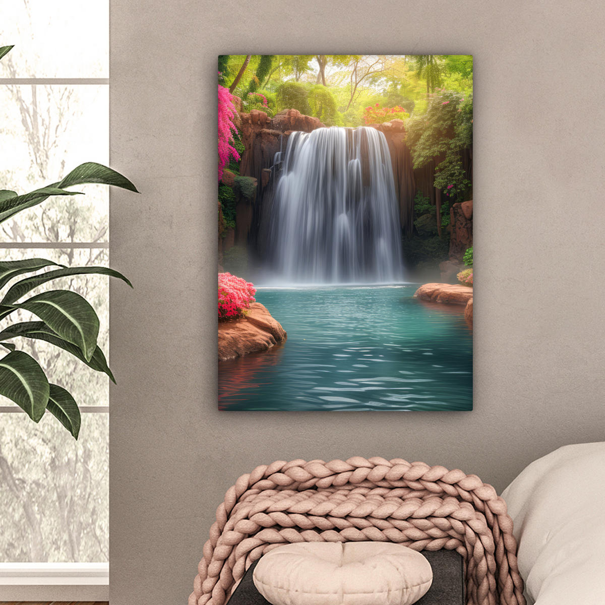 LEINWANDBILD Wasserfall - Natur - Pflanzen - Dschungel - Wasser 60x80 cm - Grün, Textil (60/80cm) - MuchoWow